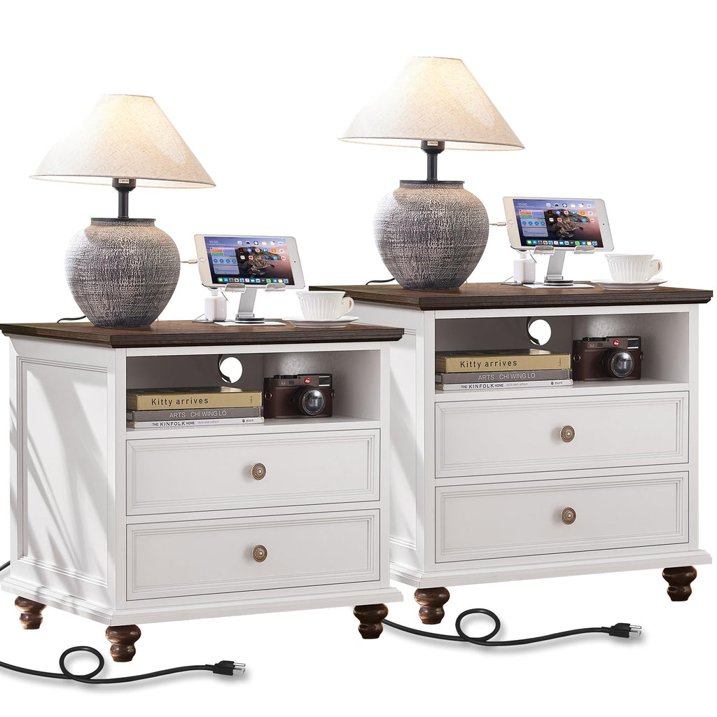 White 2-drawer dresser with brass knobs, curved drawer fronts, and dark legs.