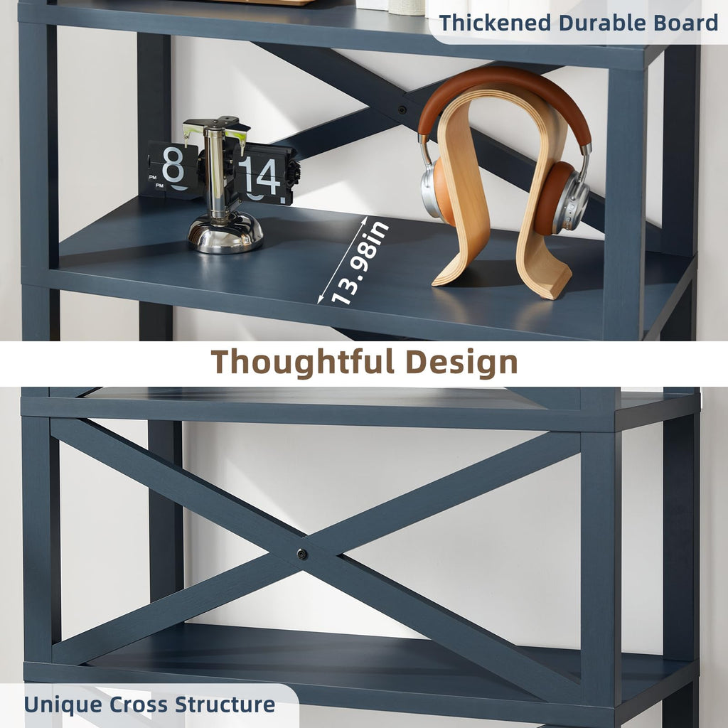Blue open bookshelf with X cross supports and top open shelves