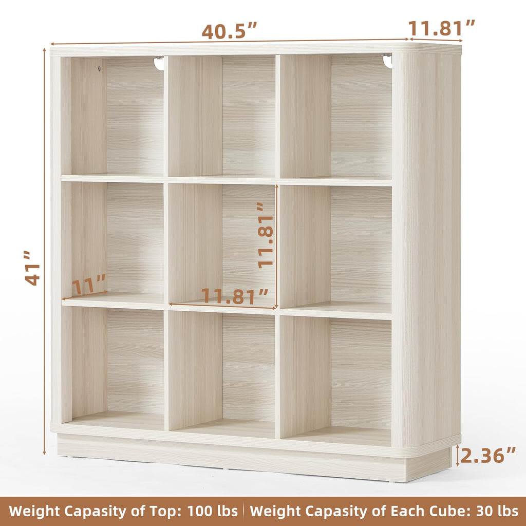 Natural oak 8-cube storage book shelf with open cubbies and curved top edge