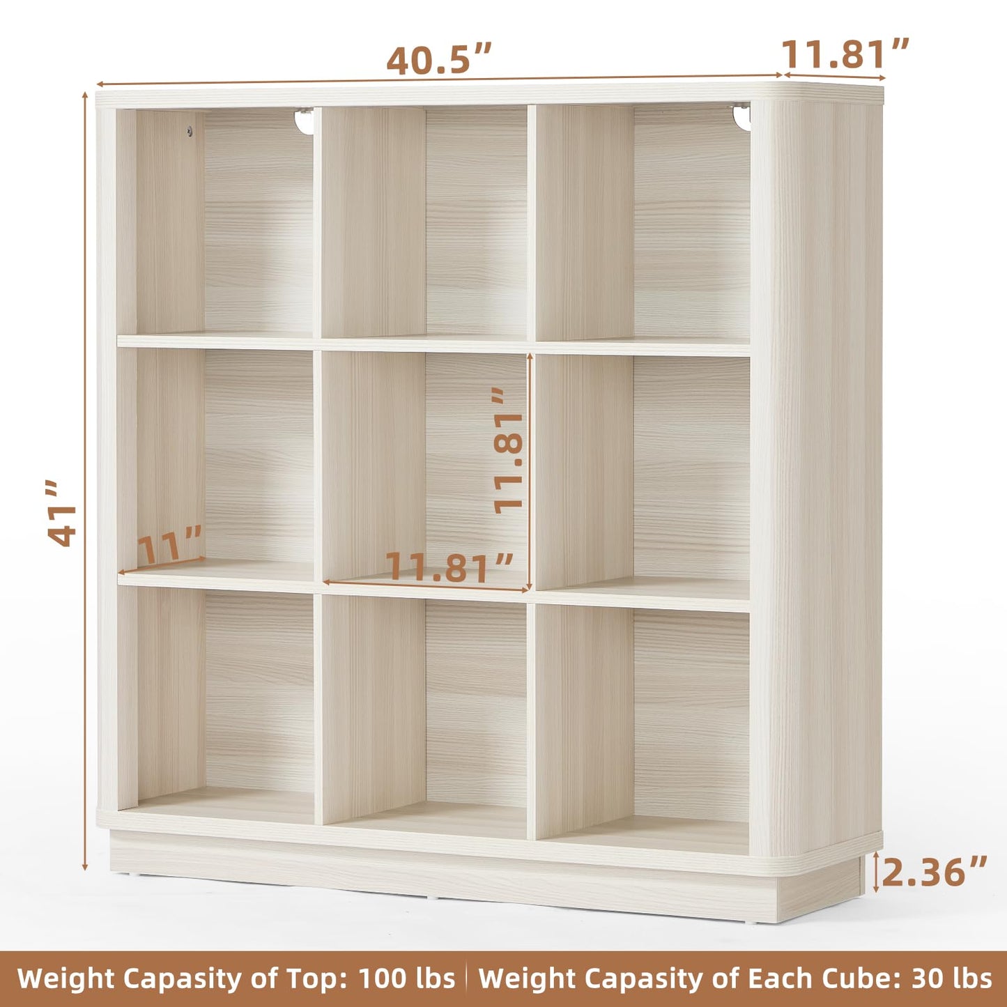 Natural oak 8-cube storage book shelf with open cubbies and curved top edge