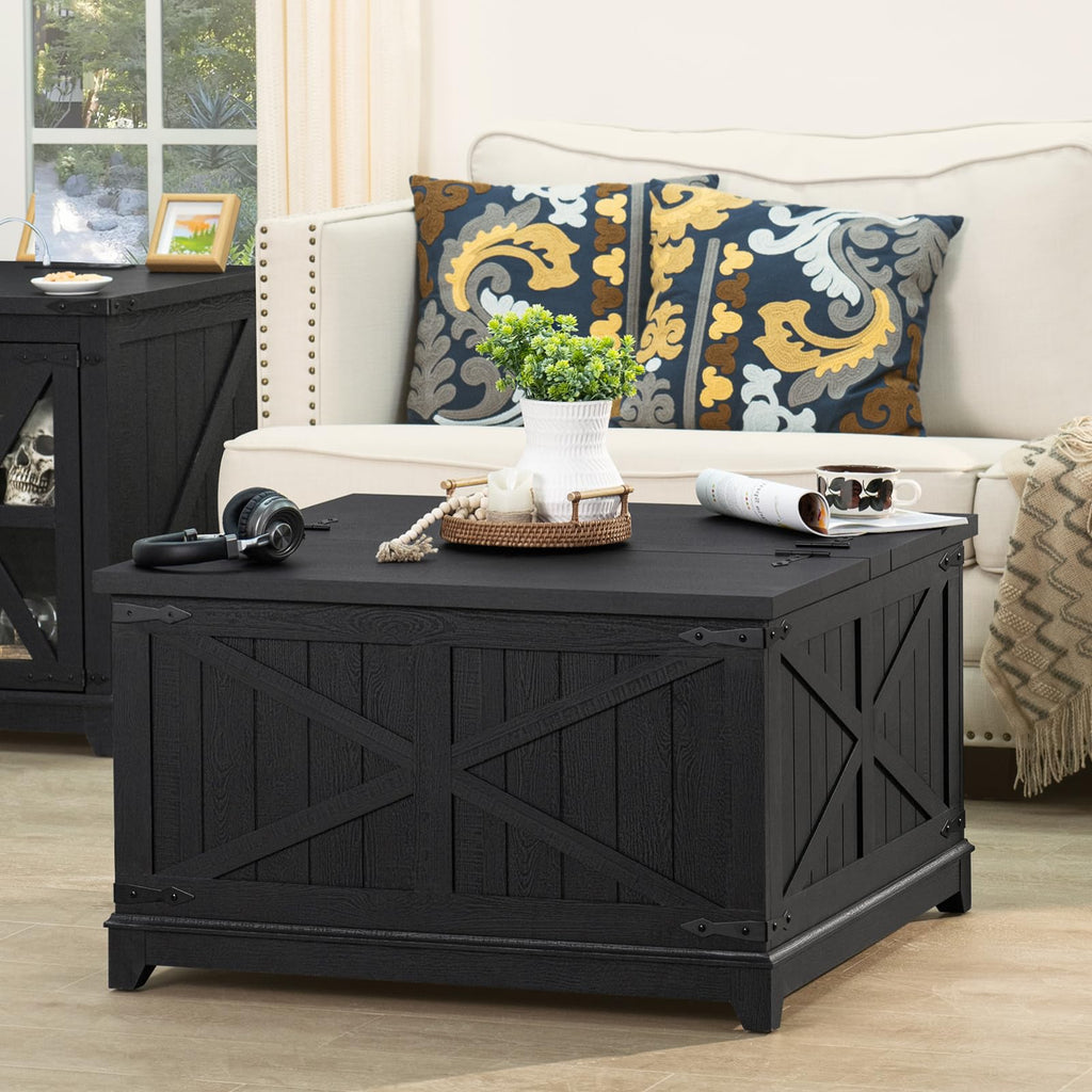 Black farmhouse coffee table with lift-top lid and textured barn-door style panels