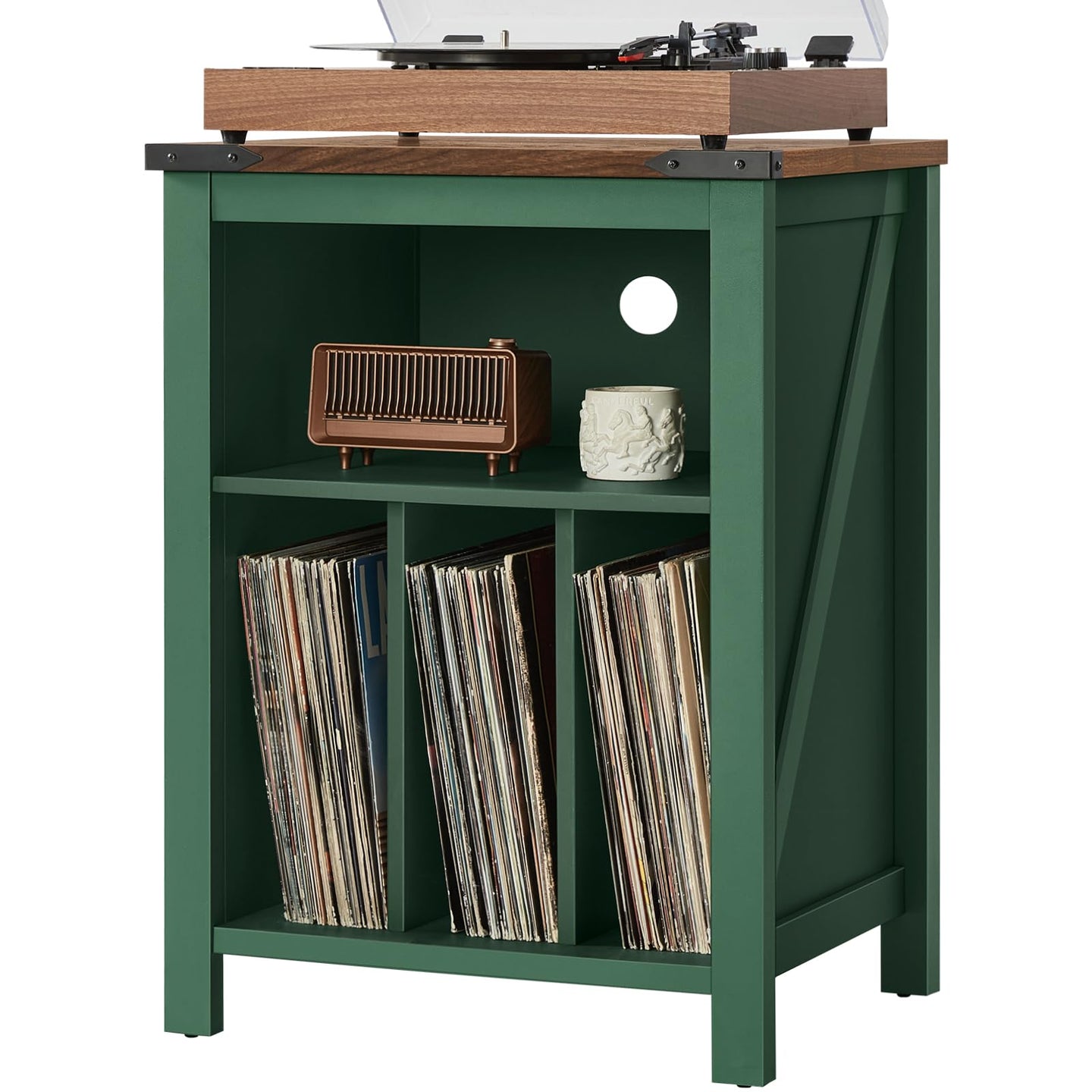 Record player stand with green cabinet and wood top; open shelf with vinyl records