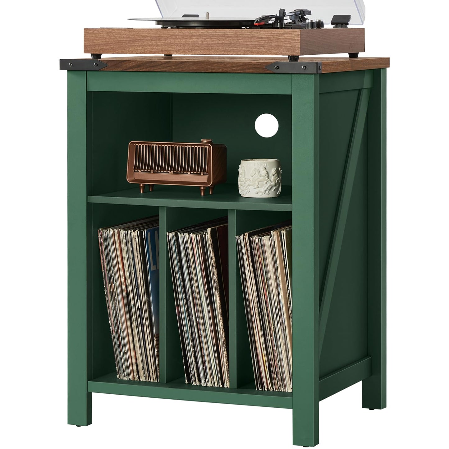 Record player stand with green cabinet and wood top; open shelf with vinyl records