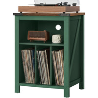 Record player stand with green cabinet and wood top; open shelf with vinyl records