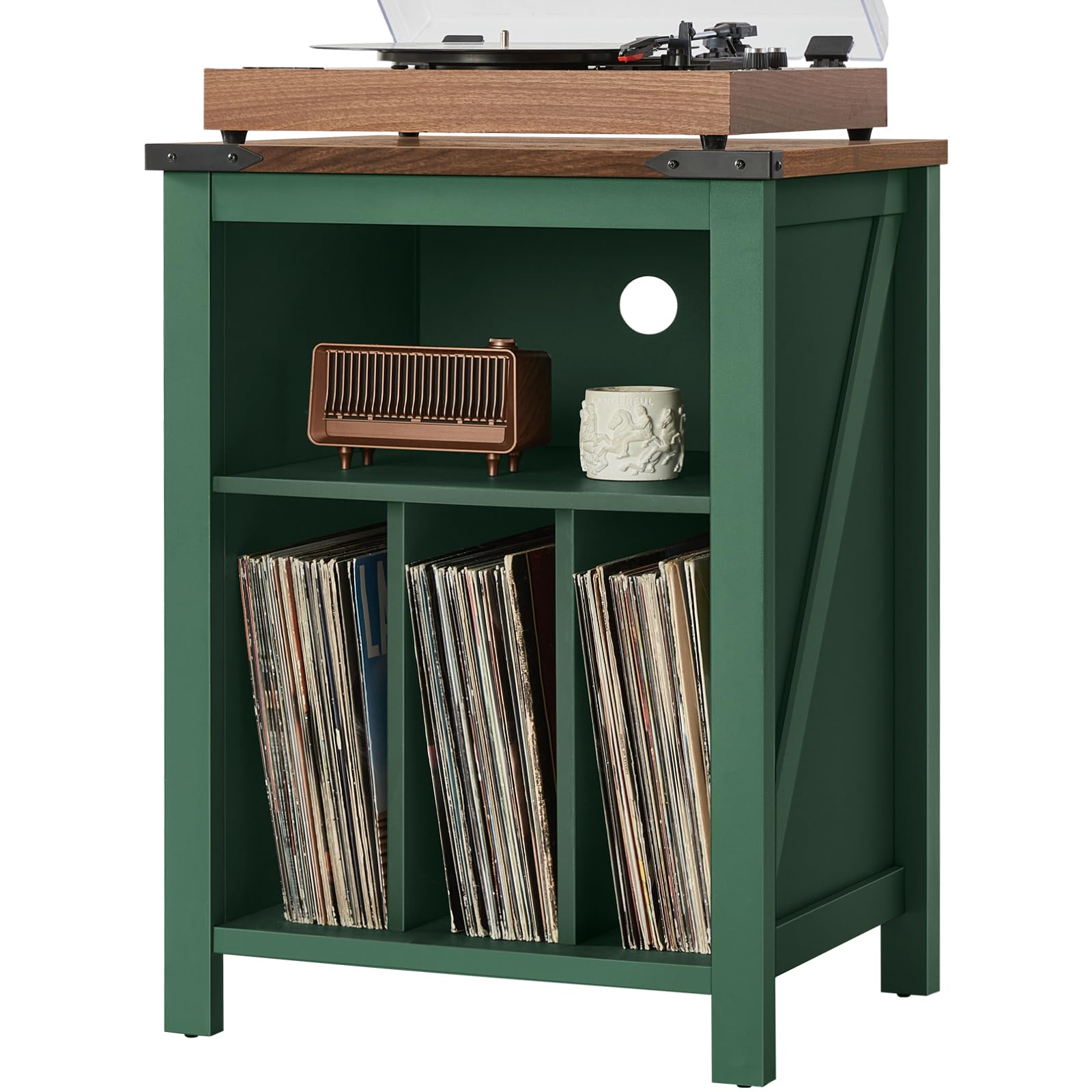 Record player stand with green cabinet and wood top; open shelf with vinyl records