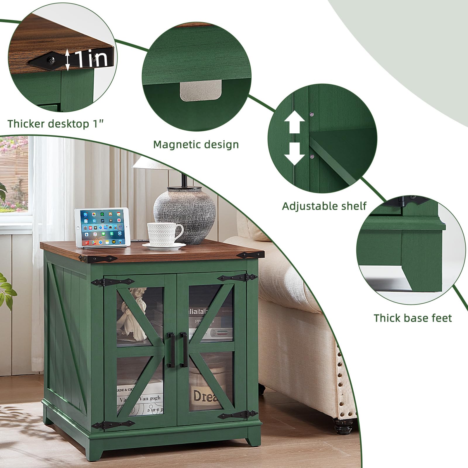 Green end table detail view: thick desktop, magnetic design, adjustable inner shelf