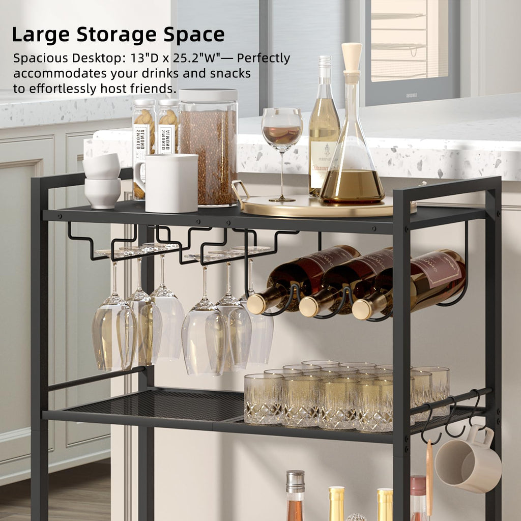 Black bar cart with wine bottle rack, hanging glass holders, and three shelves