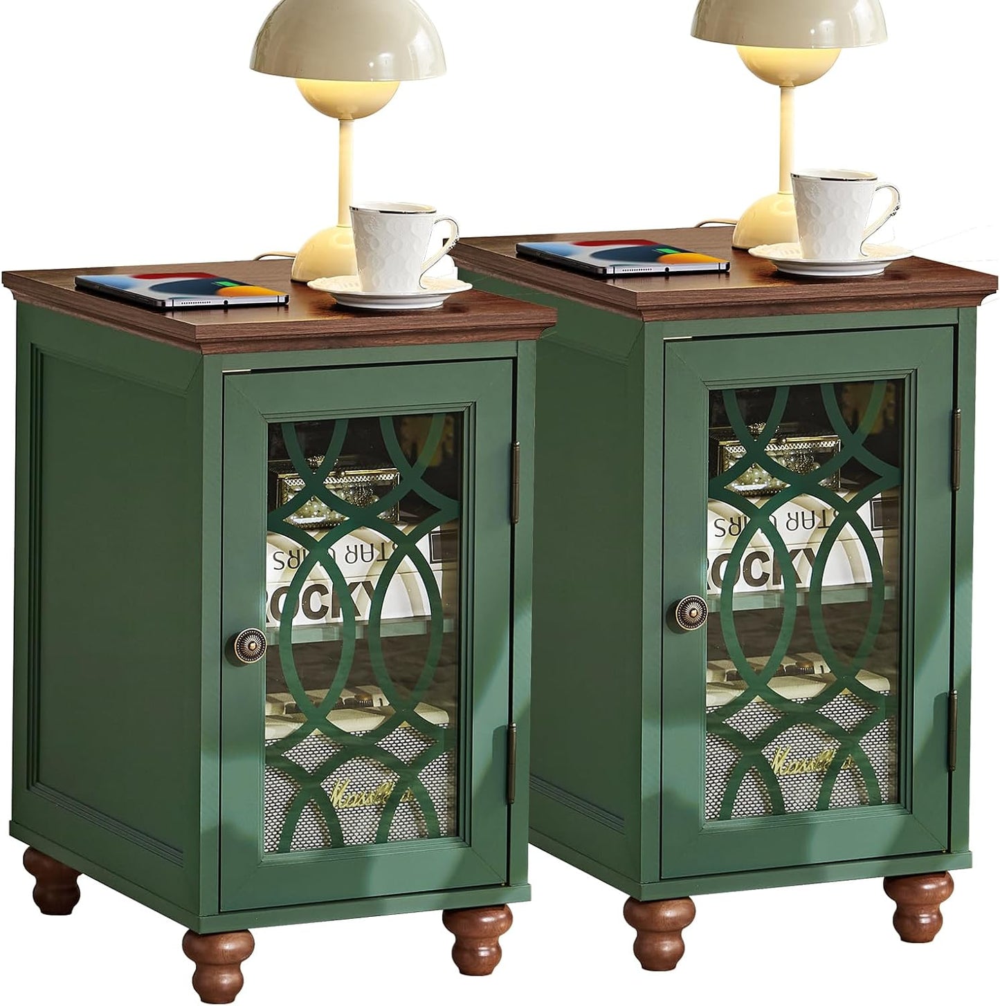 Narrow Side Table with Charging Station, Night Stand with Glass Door, Bedside End Tables with Adjustable Shelf Storage Cabinet,Wood Nightstand for Small Spaces Living Room Bedroom
