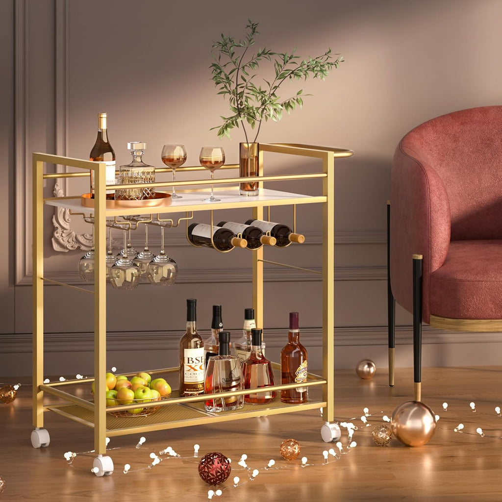 Gold rolling bar cart featuring wine rack, stemware hooks, and lower bottle storage shelf.