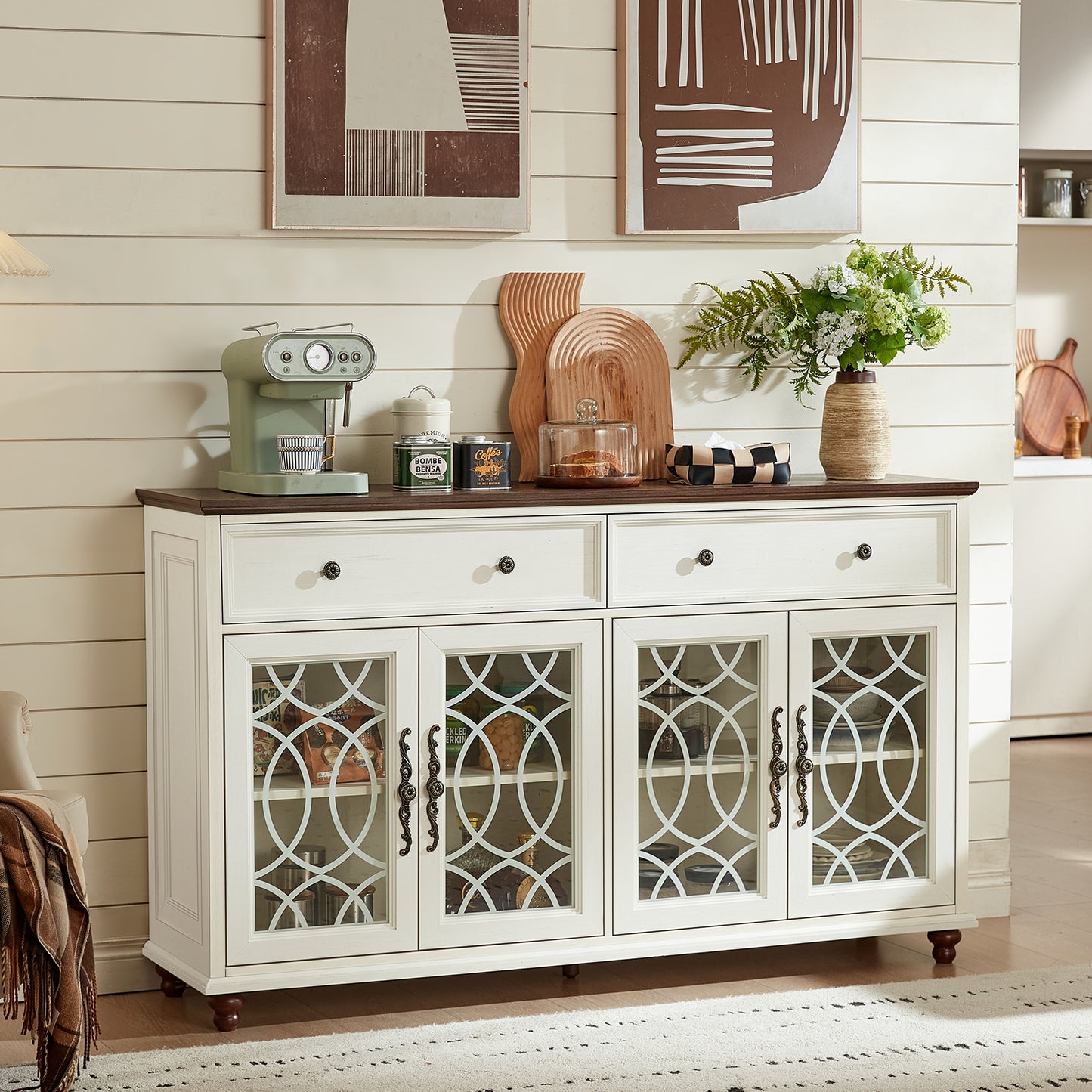 White sideboard cabinet with drawers and arched glass door panels