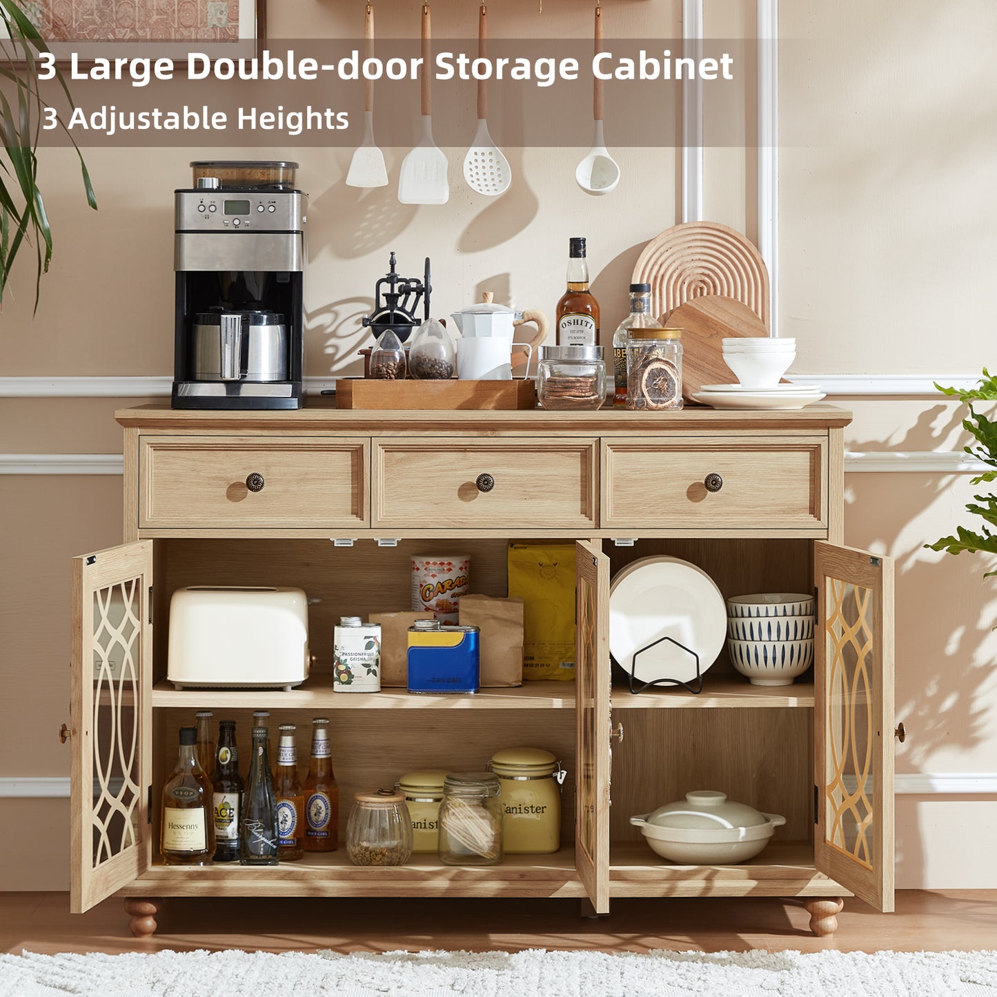 Light wood double-door storage cabinet with three drawers and adjustable shelving