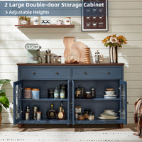 Blue sideboard buffet cabinet with two glass doors, open shelves, and drawers