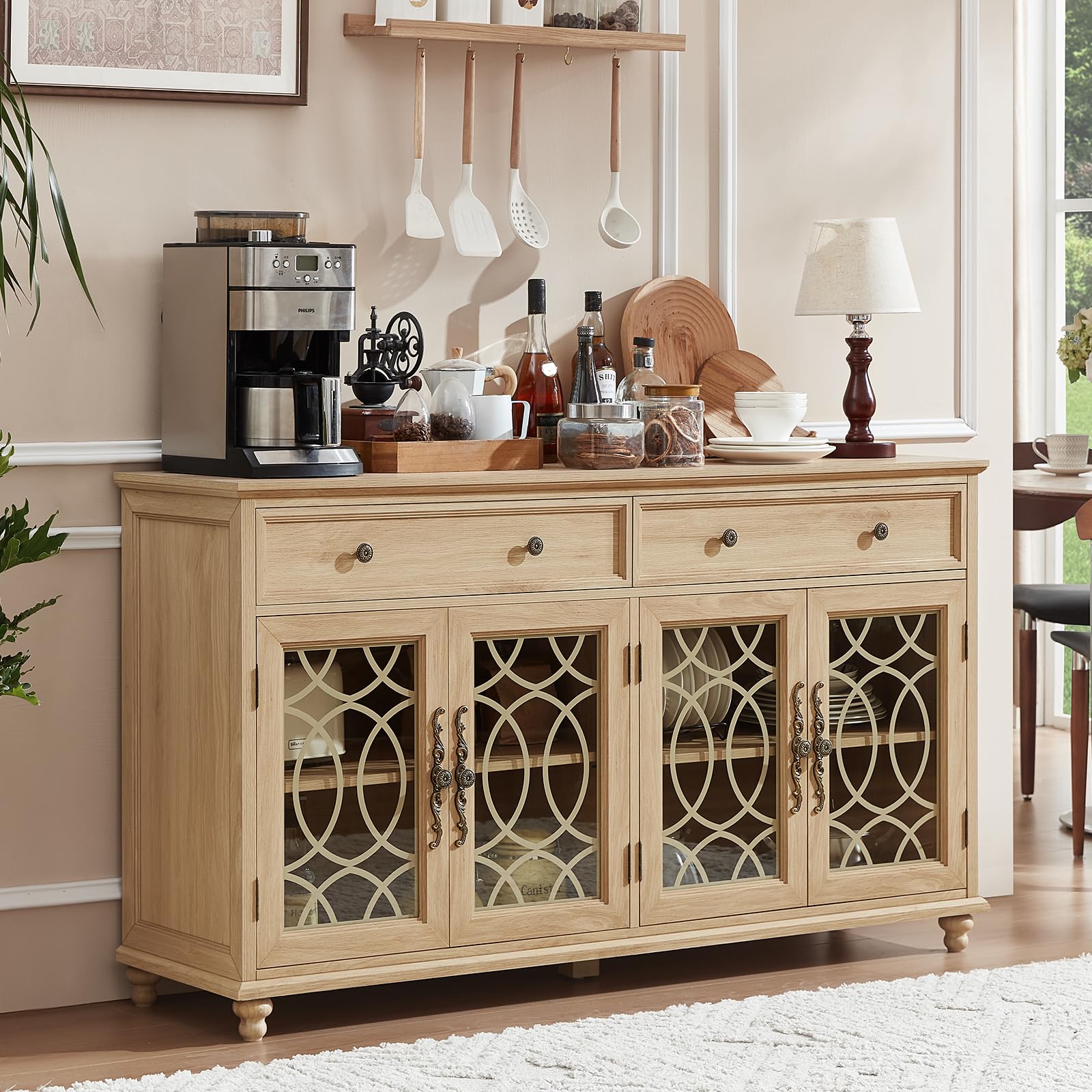 Light wood sideboard cabinet with four glass doors and two drawers, farmhouse style