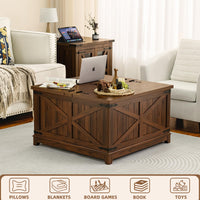 Dark brown farmhouse coffee table with lift-top and hidden storage, styled in living room