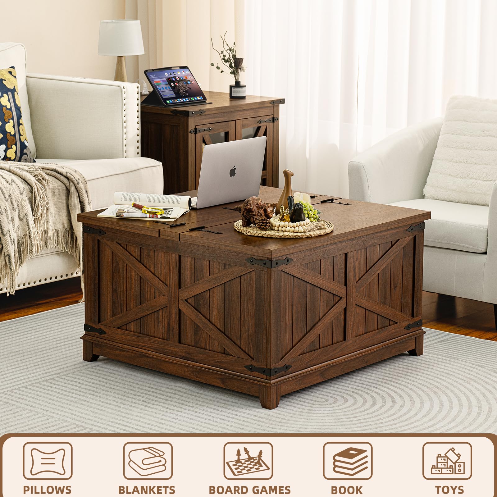 Square coffee table with hidden storage, lift-top lid, brown wood cabinet on legs