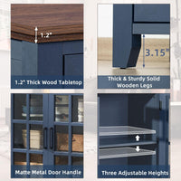 Cabinet feature panel: thick wood top, matte metal handles, adjustable shelves