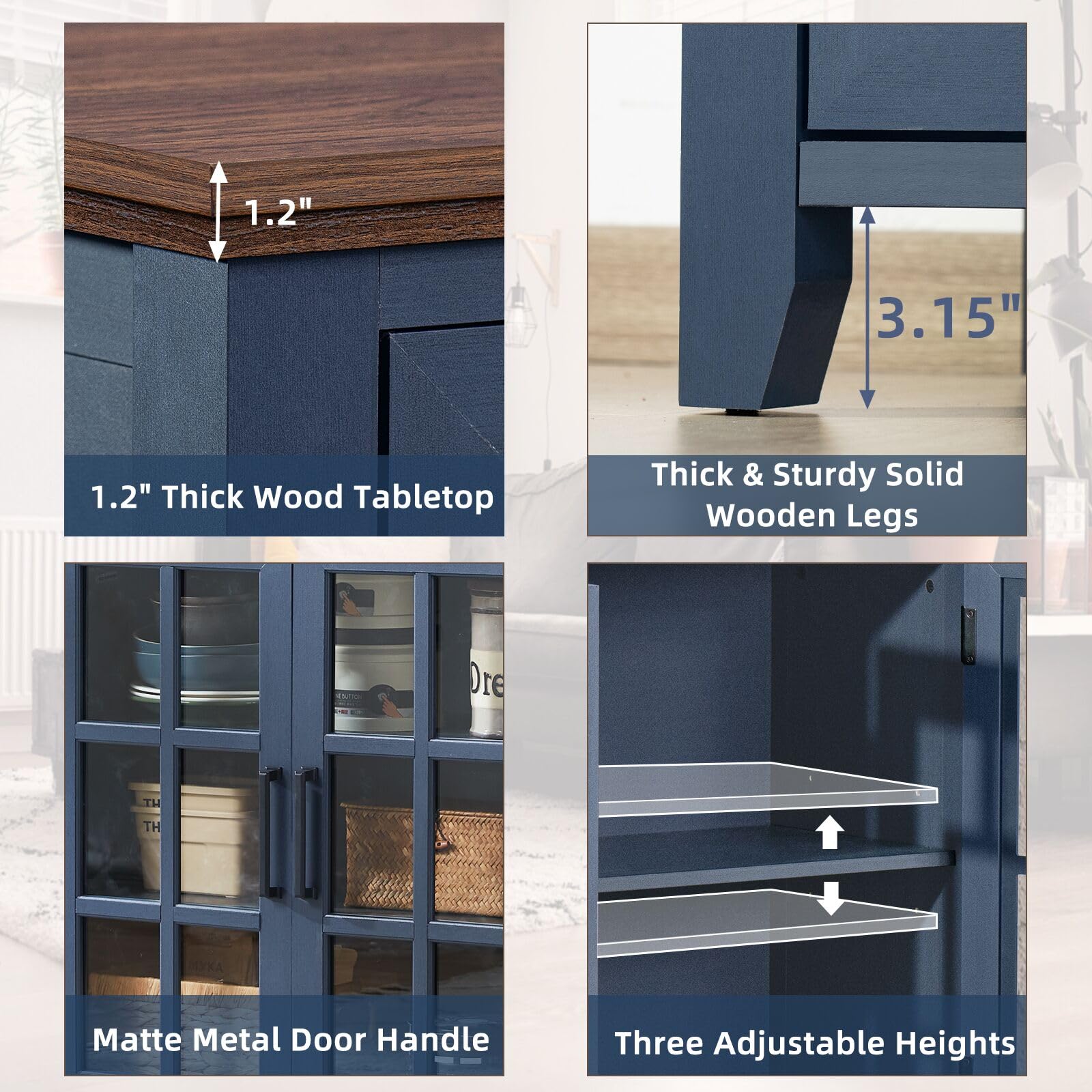 Sideboard cabinet close-up: thick wood tabletop, matte metal handles, adjustable shelves