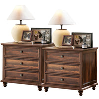 Dark brown 6-drawer dresser with round knobs and turned bun feet