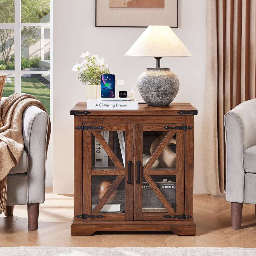 Brown wood end table with tabletop charging area, crisscross doors, and open shelf
