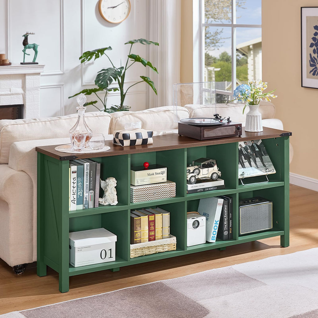 Green farmhouse bookcase with open cubbies, thick top, and four legs for books and decor