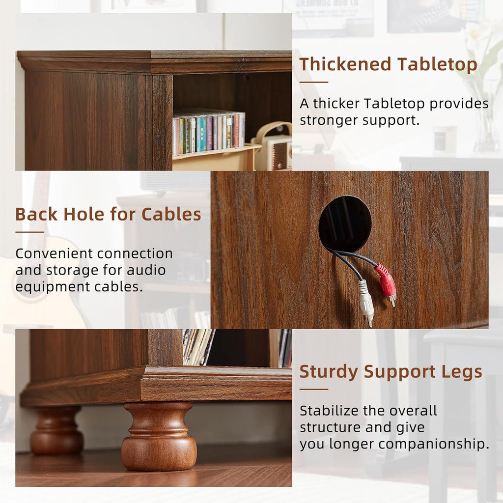 Brown wood record player stand detail showing cable opening, sturdy legs, and open shelf