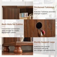 Brown wood record player stand detail showing cable opening, sturdy legs, and open shelf