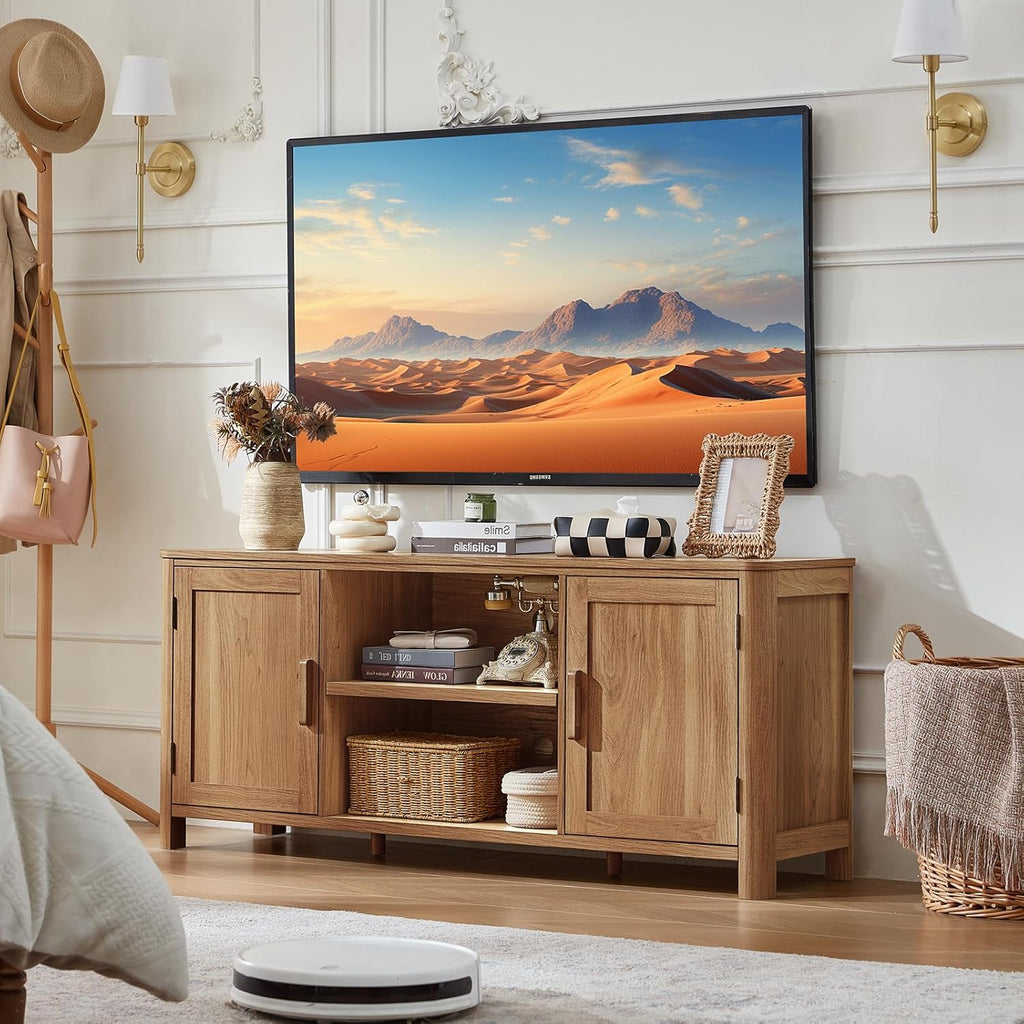 Rustic light wood TV console with two doors and open center shelving