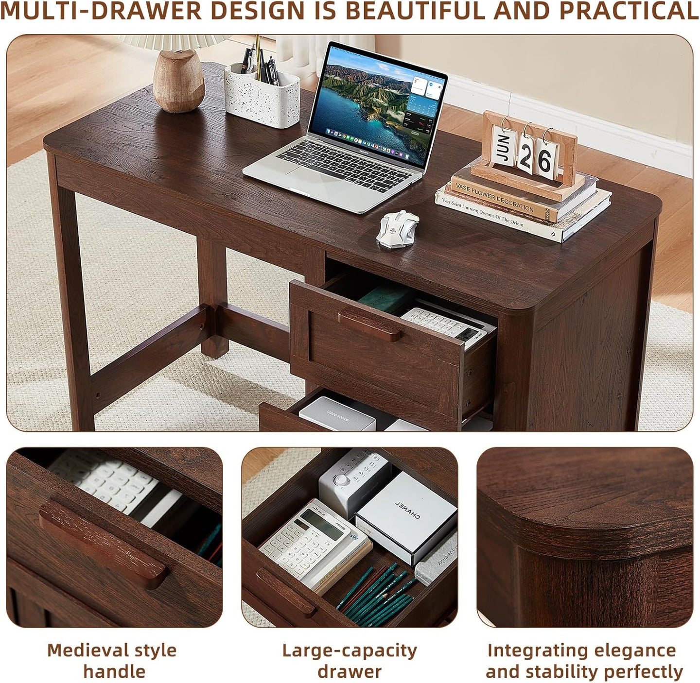 Dark walnut desk with large center drawer and open under-desk storage