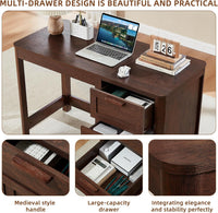 Dark walnut desk with large center drawer and open under-desk storage