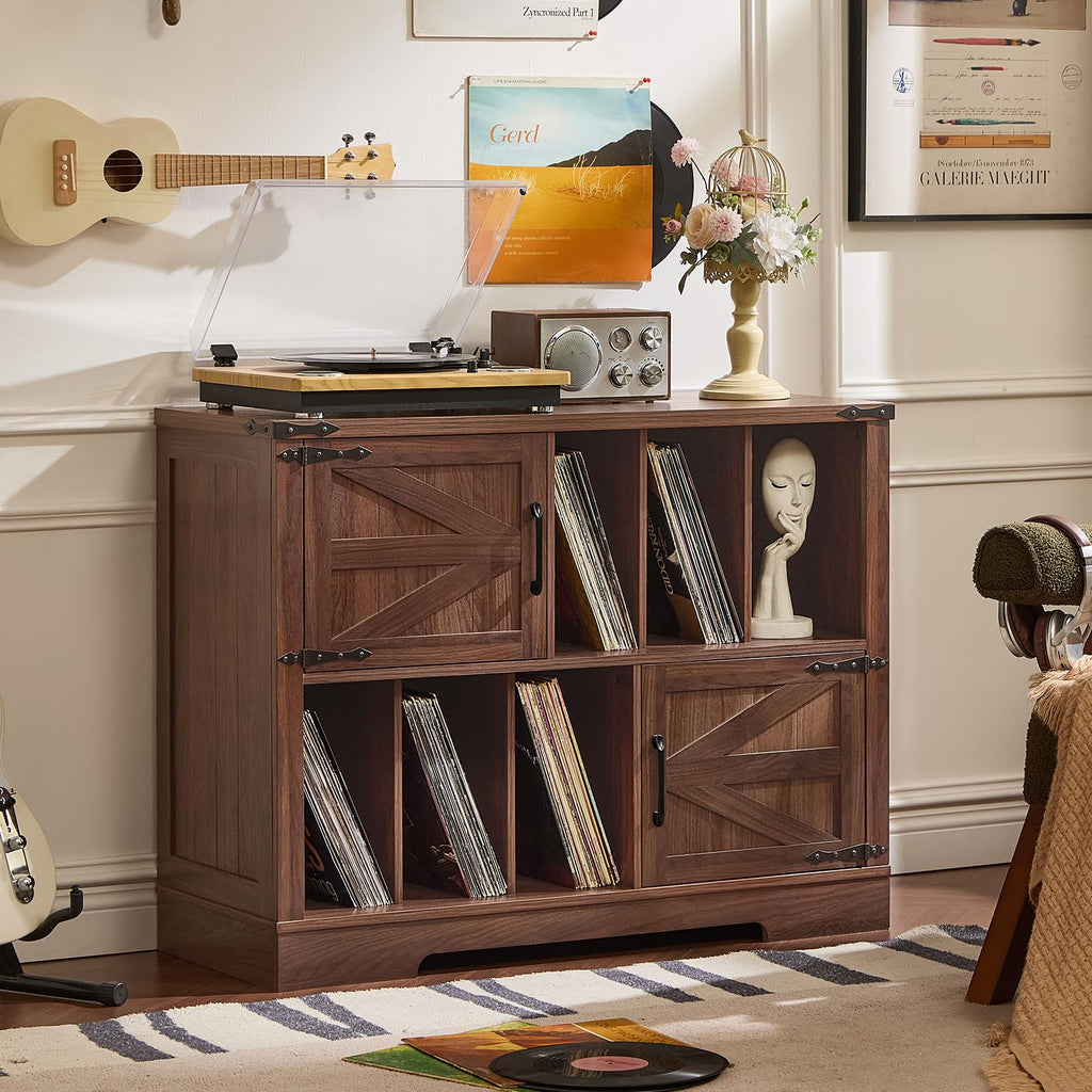 Brown wood record player cabinet with double doors and open vinyl storage compartments.