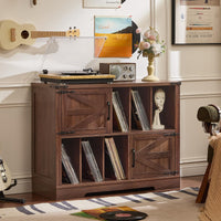 Brown walnut record player cabinet with barn-style doors and open vinyl storage shelves