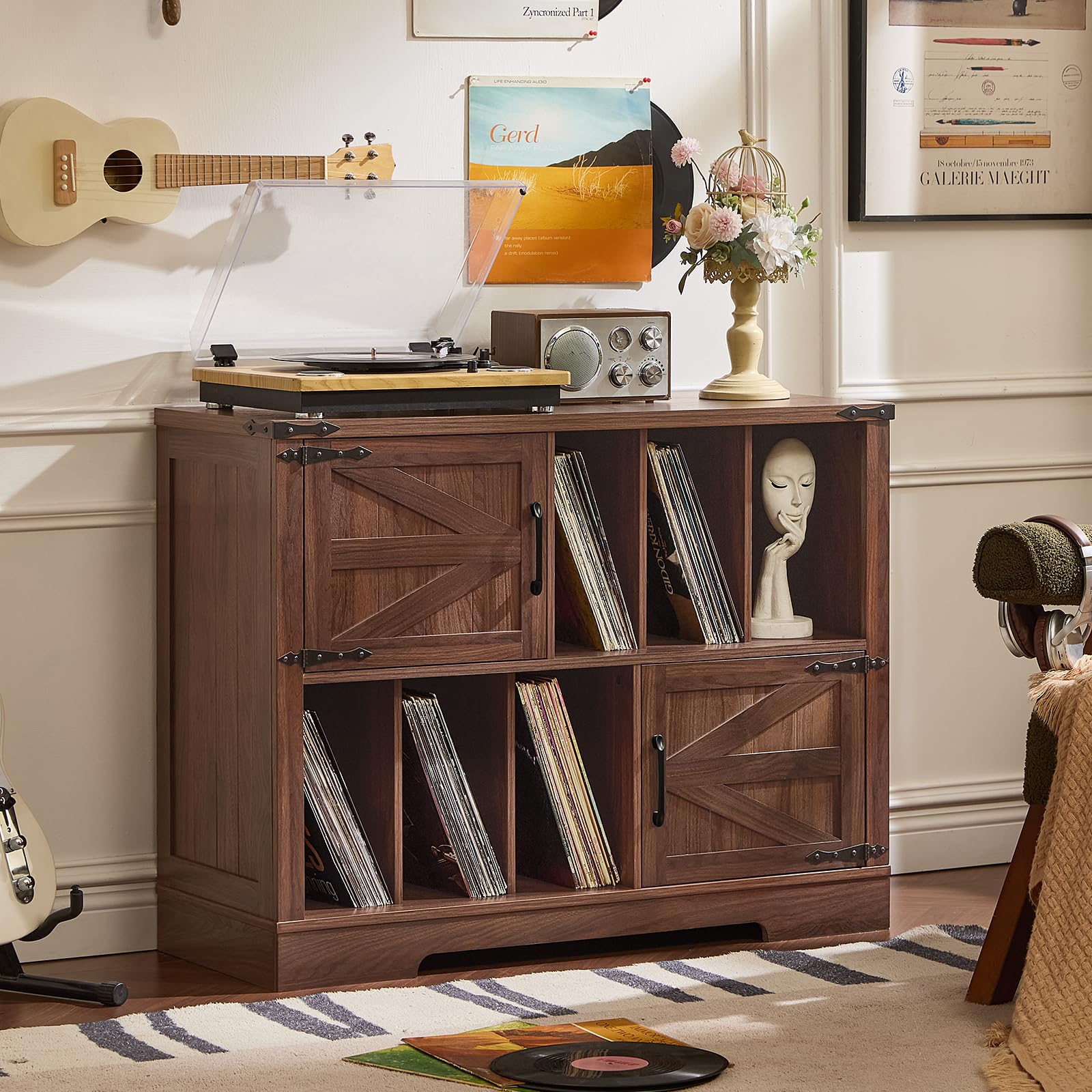 Brown wood record player cabinet with double doors and open vinyl storage compartments.