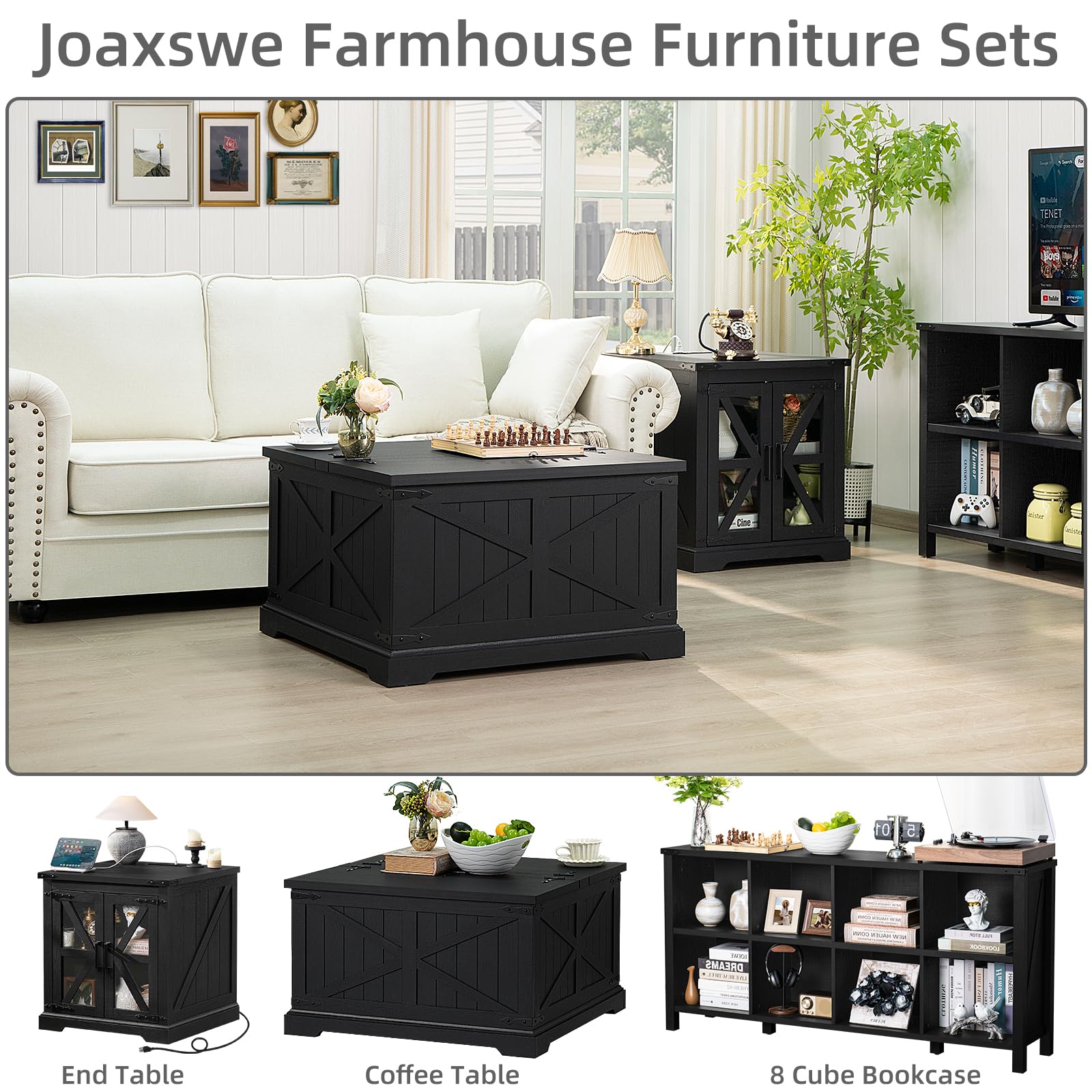 Square coffee table with hinged lift top, black finish, geometric panel sides