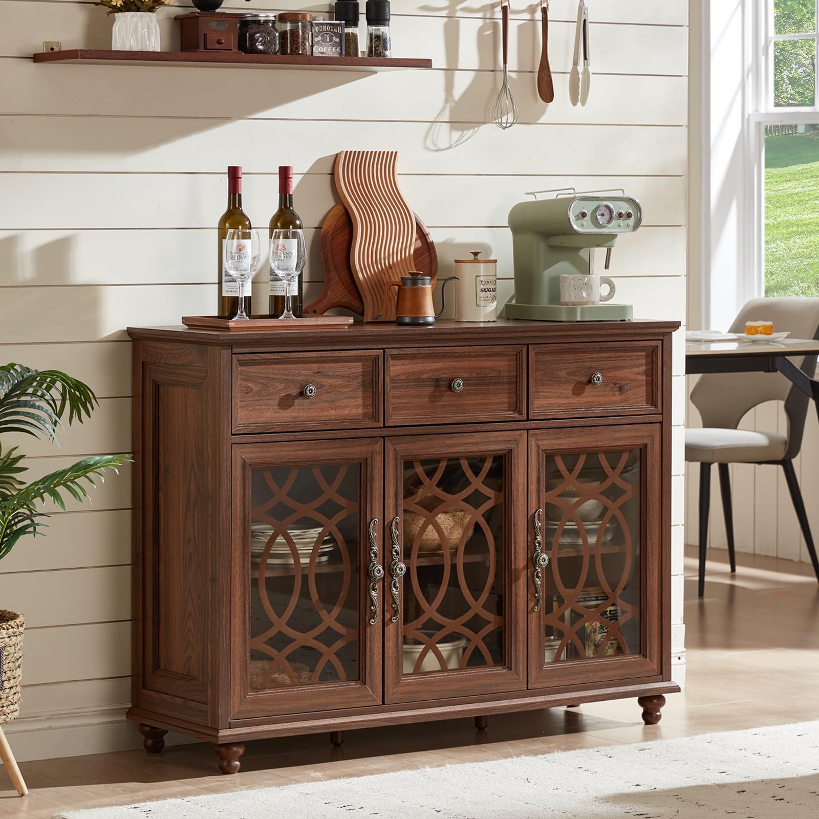 Walnut brown sideboard buffet cabinet with glass doors and two storage drawers