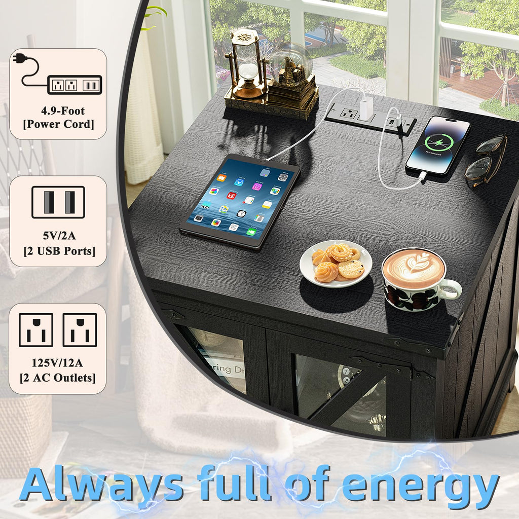Black farmhouse end table with charging ports on tabletop and glass door panels