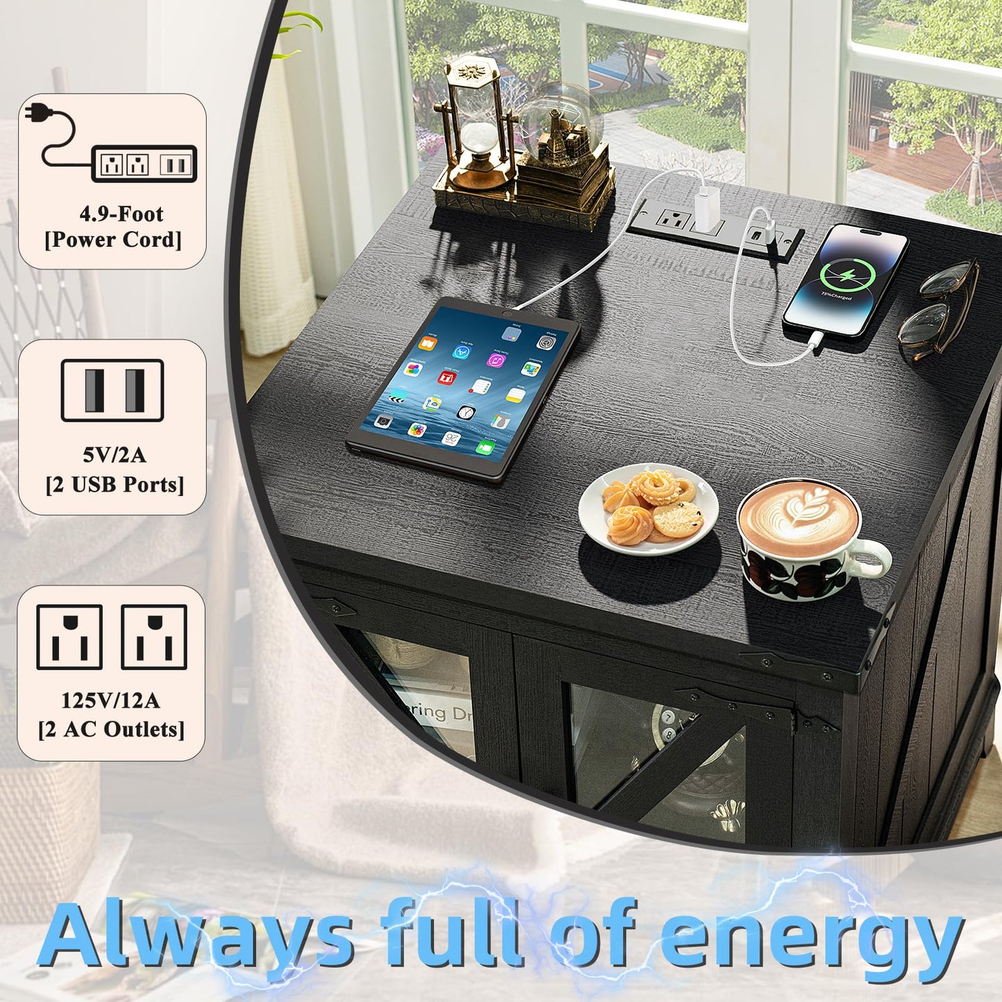 Black farmhouse end table with charging ports on tabletop and glass door panels