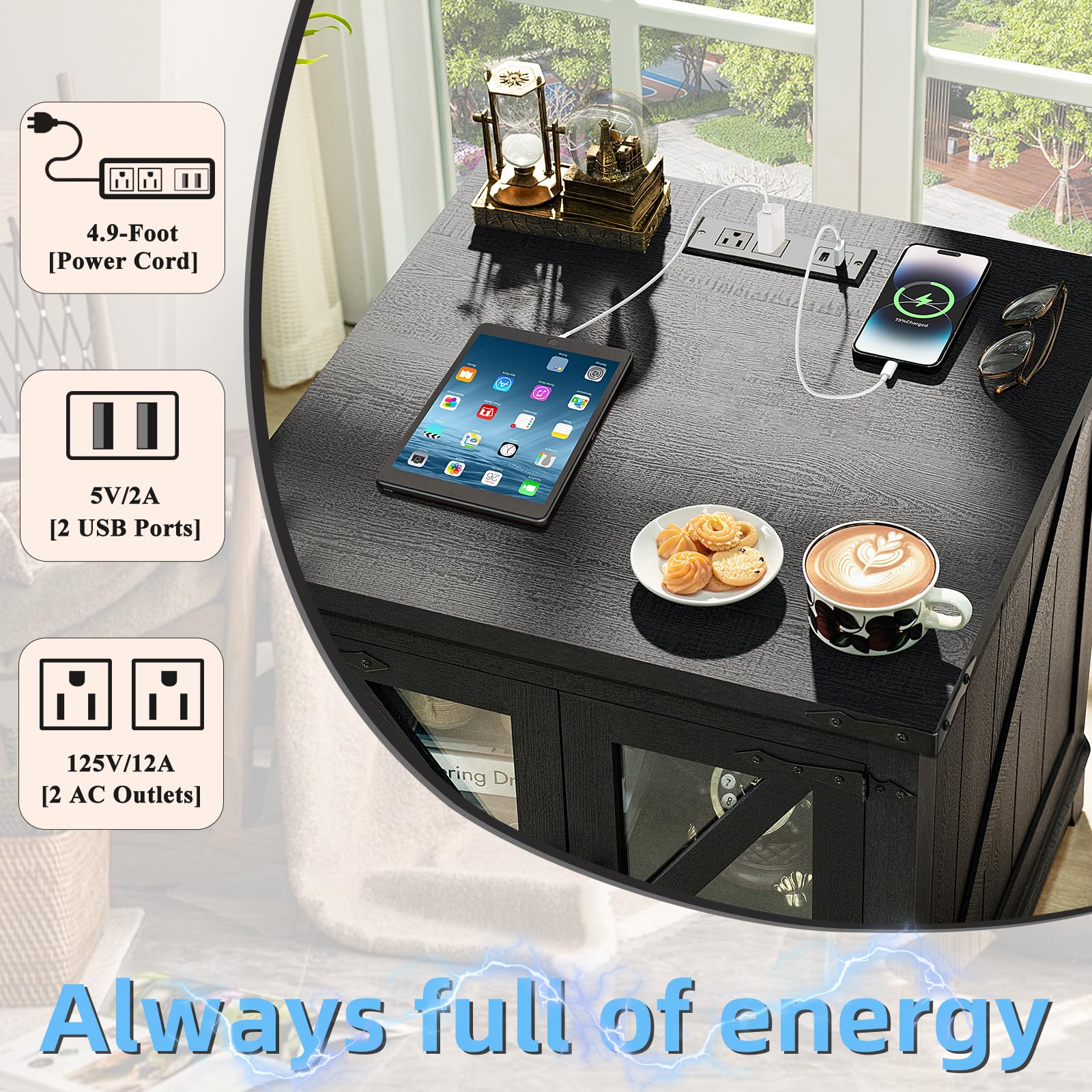 Black farmhouse end table with charging ports on tabletop and glass door panels