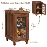 Brown wood nightstand cabinet with glass door and spindle-style front details