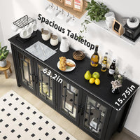 Sideboard buffet cabinet with four glass doors and thick dark tabletop, blue-gray finish