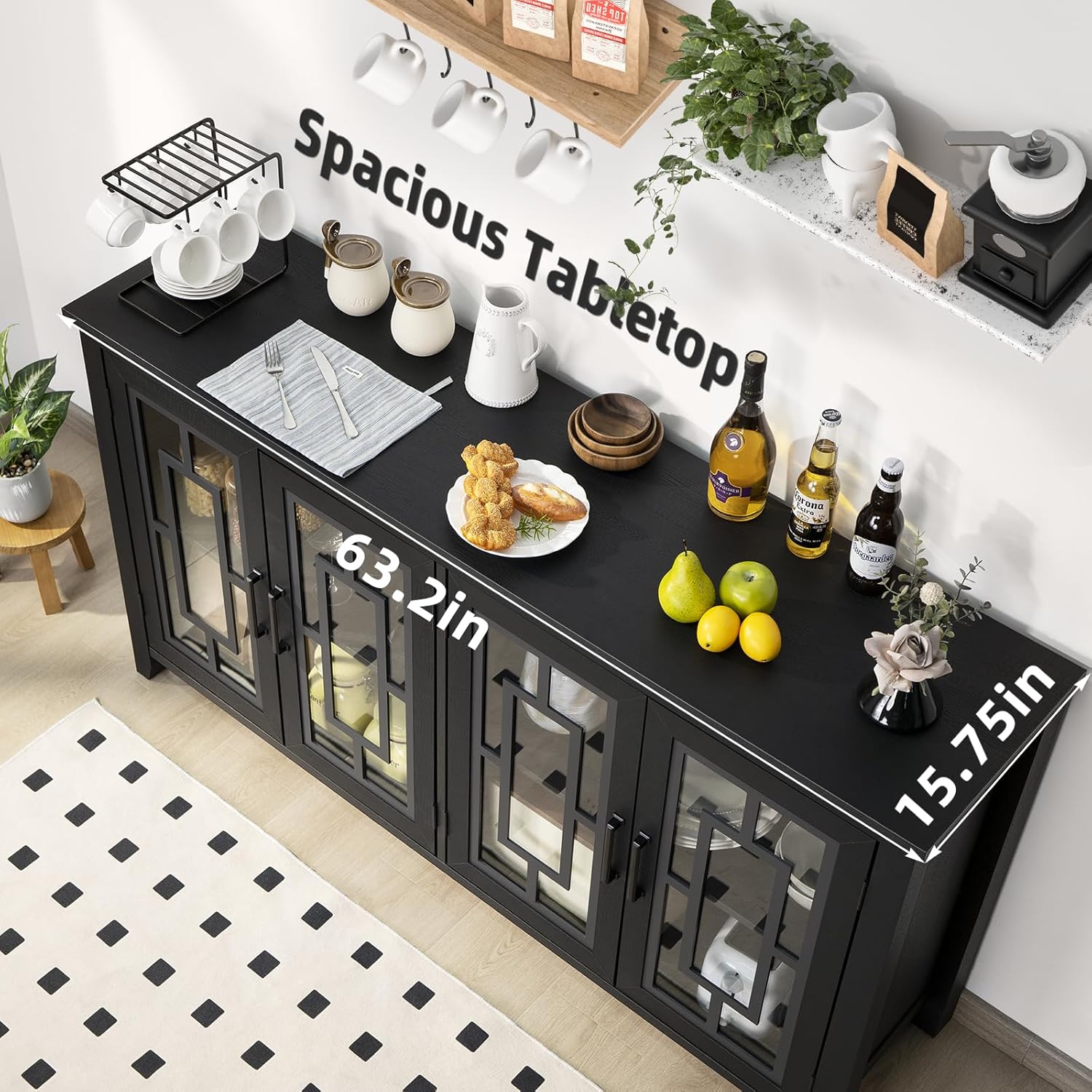 Sideboard buffet cabinet with four glass doors and thick dark tabletop, blue-gray finish
