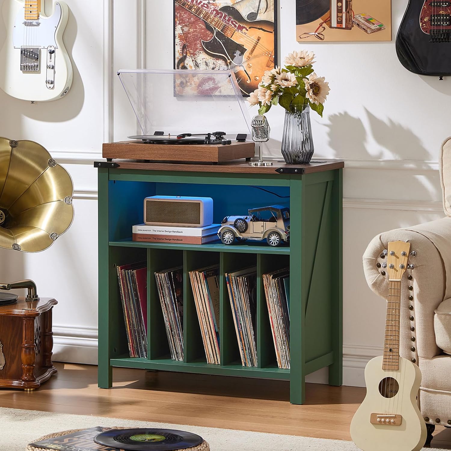 Large Record Player Table with Charging Station & LED Lights, Green Vinyl Record Storage Cabinet Holds up to 230 Albums, Turntable Stand with Display Shelf for Music Room Bedroom Living Room