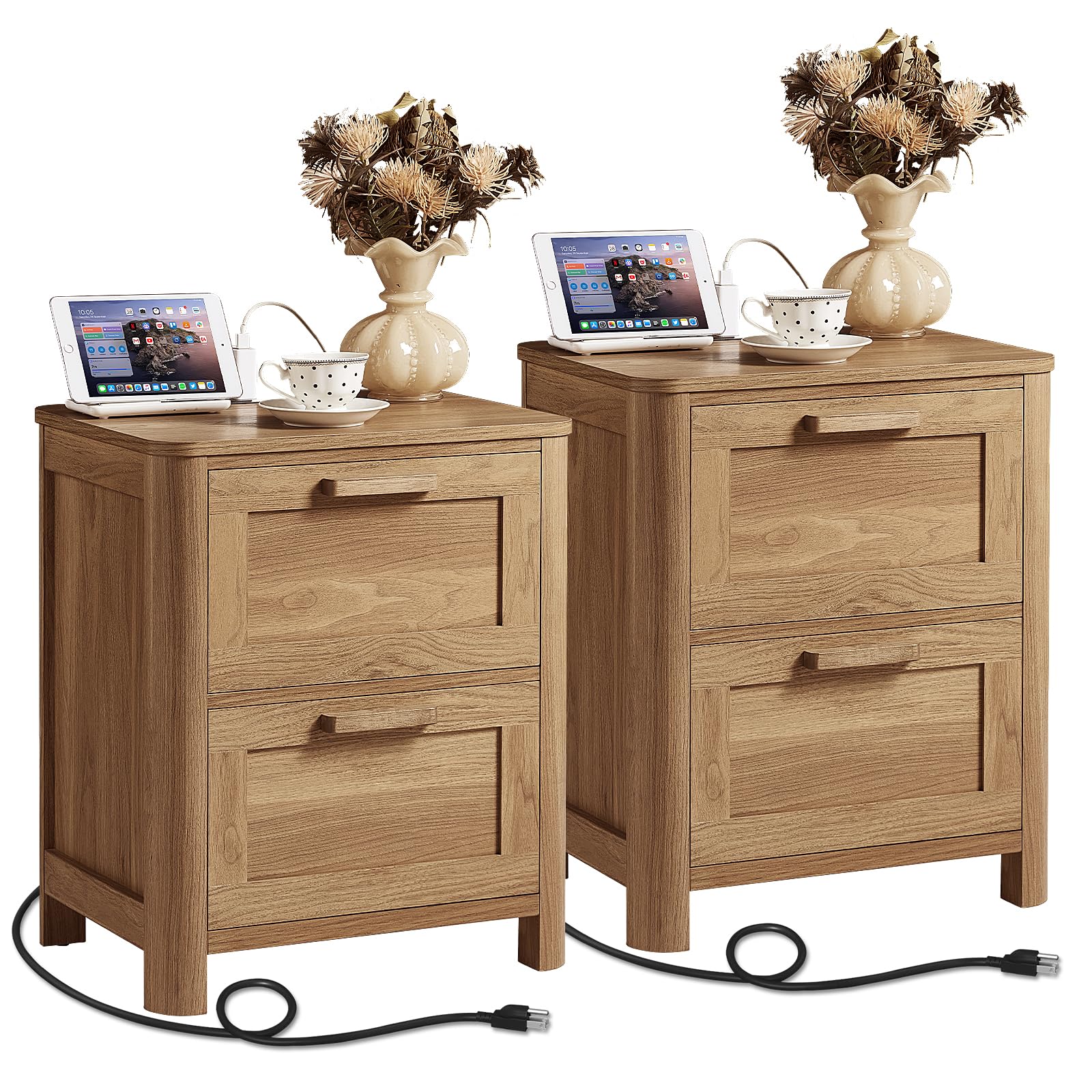 Farmhouse Nightstand with Charging Station, End Tables Bedroom with 2 Large Drawers & 4 Thickened Table Legs, Walnut