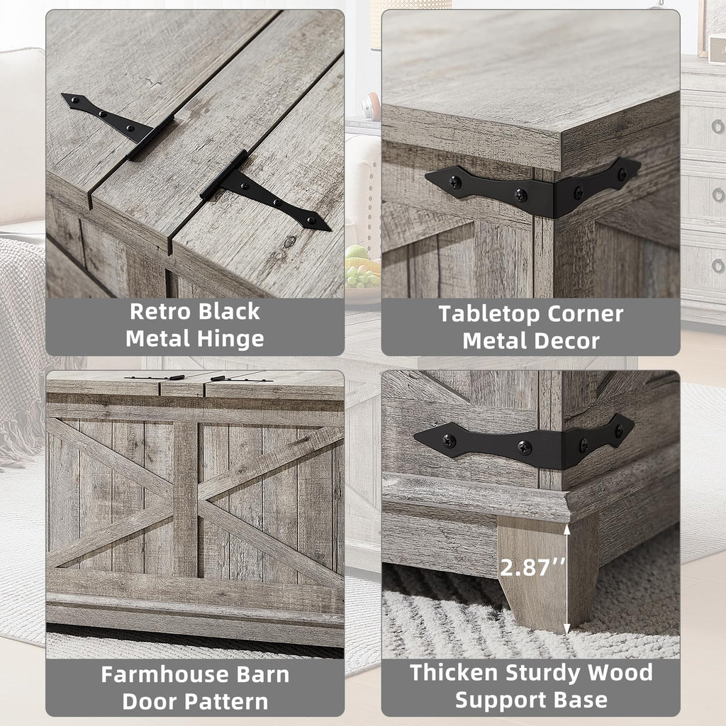 Farmhouse coffee table hinge hardware on rustic wood top and side panels