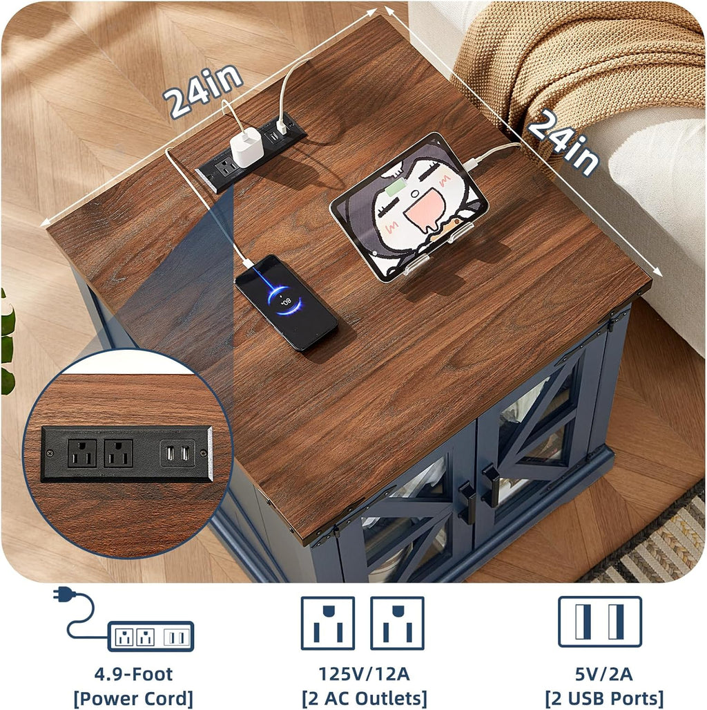 End Tables Living Room Set 2, 18'' Night Stand and 24" Square Side Table with Charger Station, Wood Furniture Sets, Nightstand Bedside End Table for Bedroom