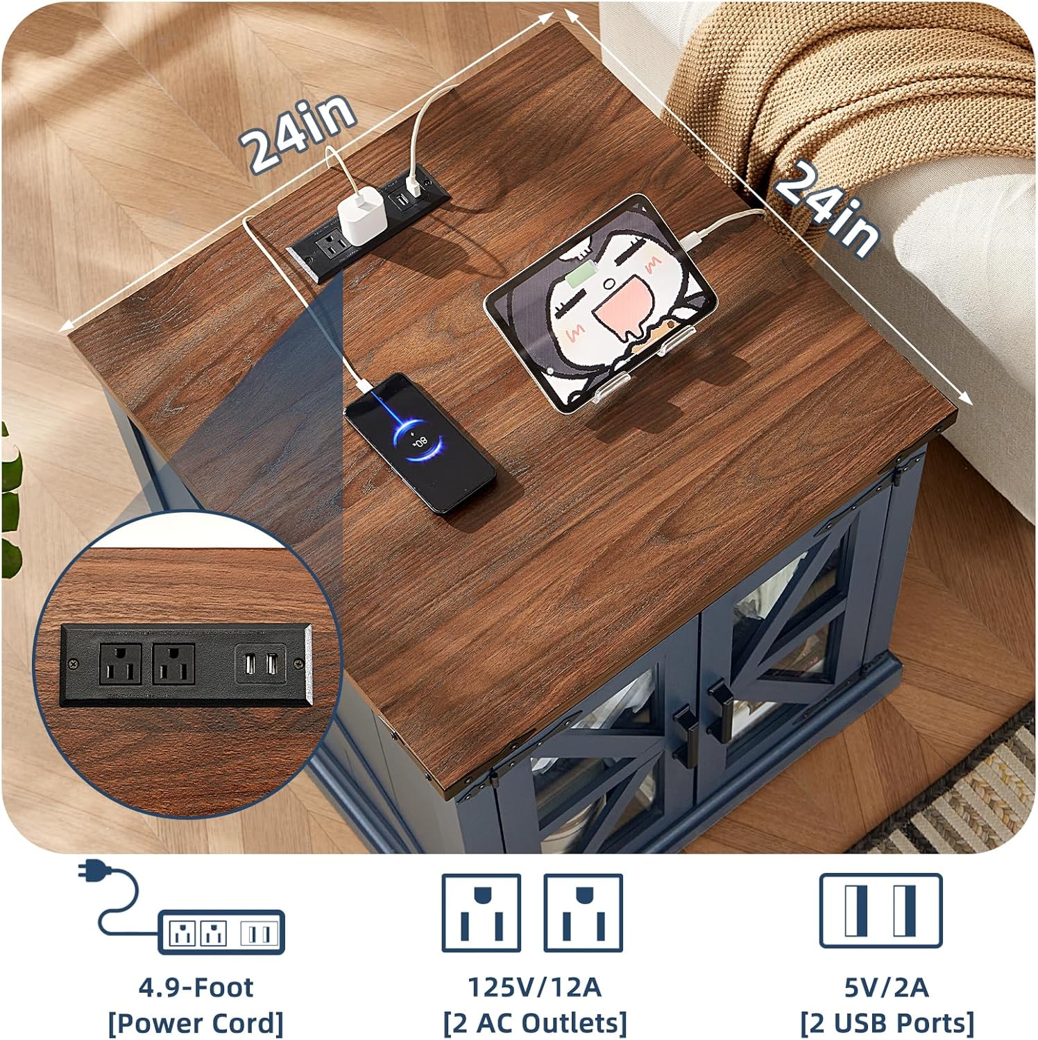 End Tables Living Room Set 2, 18'' Night Stand and 24" Square Side Table with Charger Station, Wood Furniture Sets, Nightstand Bedside End Table for Bedroom