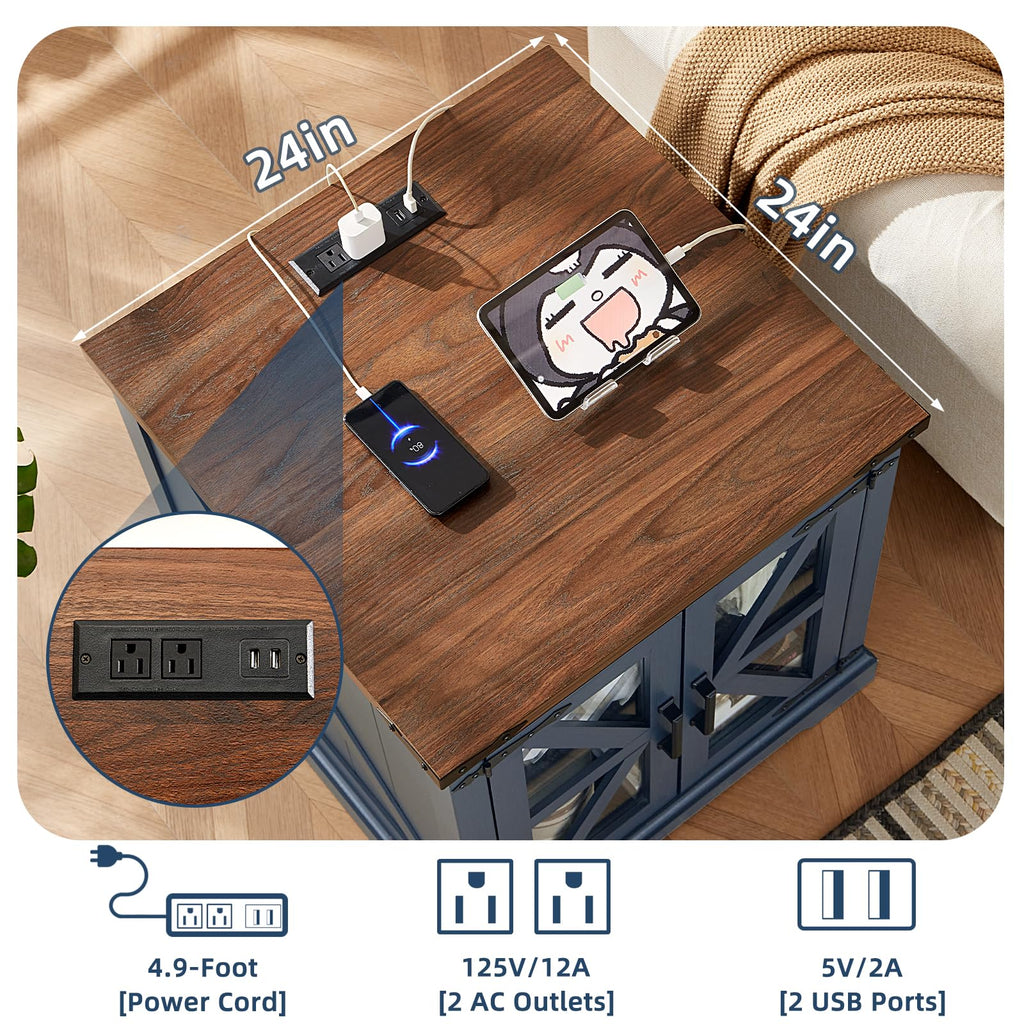 Wood end table with built-in charging ports on tabletop and drawers and shelf storage