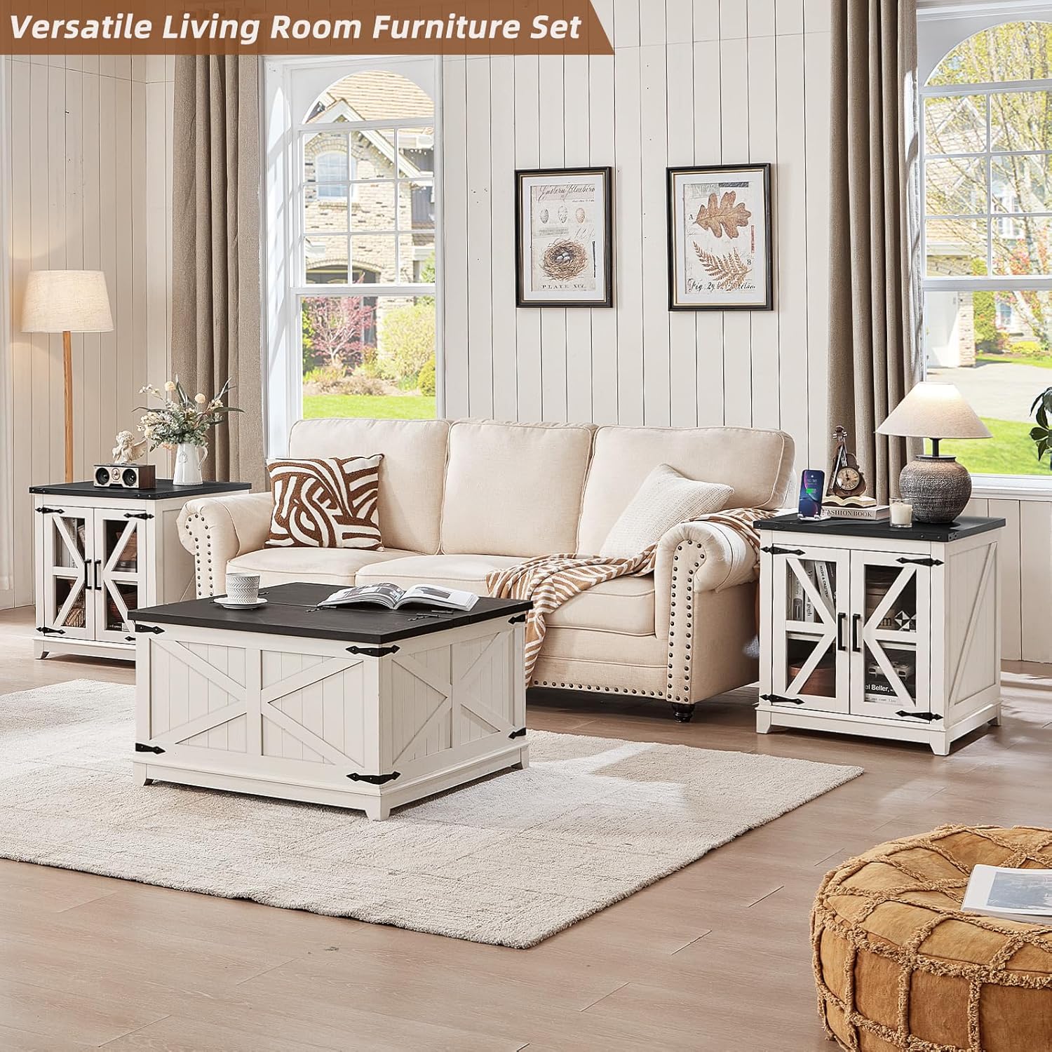 Farmhouse Coffee Table Sets 3 Pieces, Large End Side Tables with Charging Station and Coffee Table with Hidden Storage Compartment, White Living Room Table Set, Wood Furniture Sets for Home Office