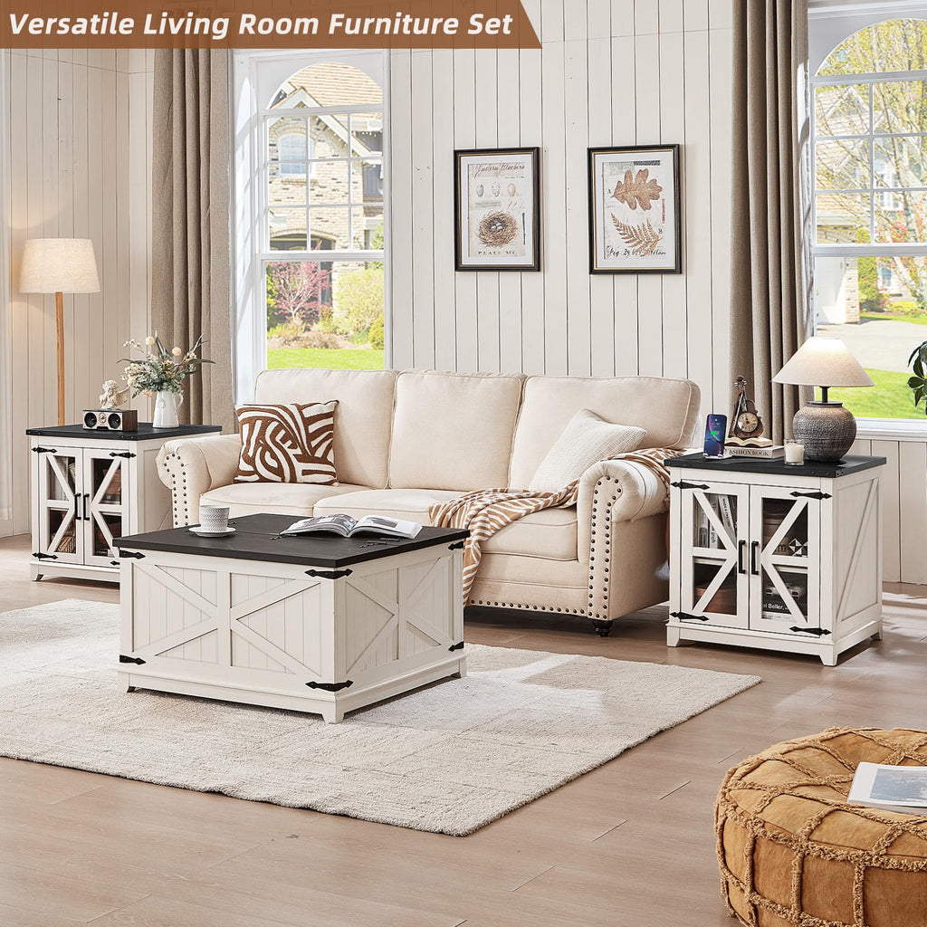 White farmhouse coffee table and matching end side tables with cabinet doors.
