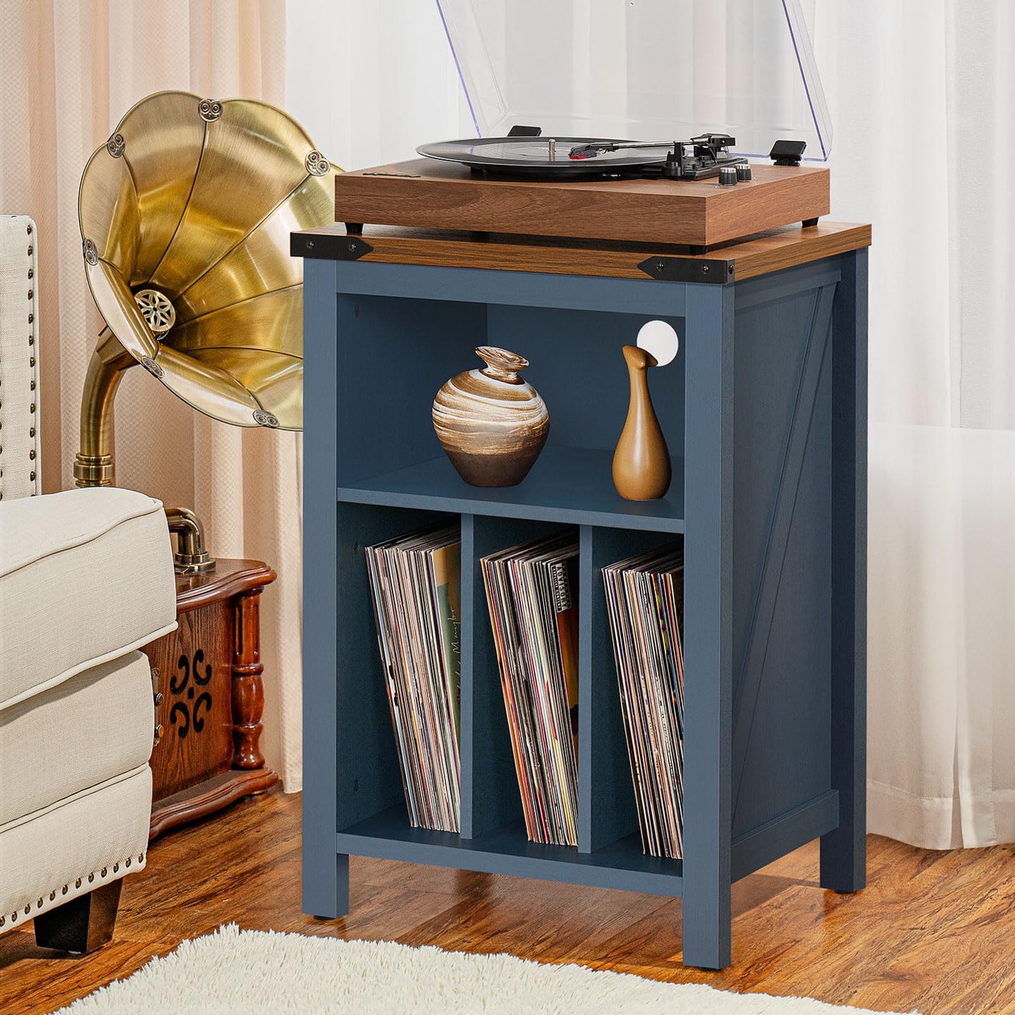 Navy blue record player stand with wood top and front open cabinet for vinyl