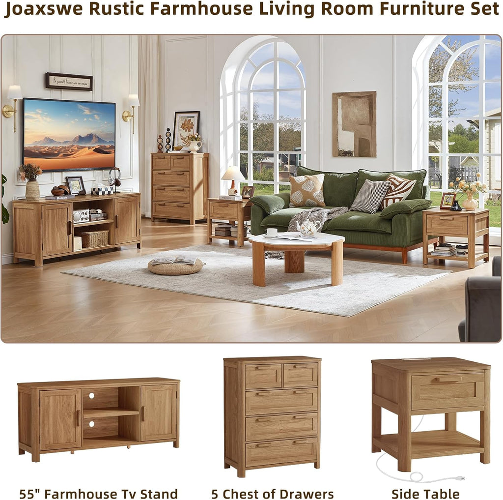 Light wood TV stand with two doors and open shelf, styled in a living room
